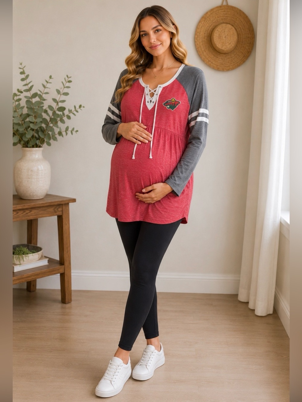 Minnesota Wild Maternity Lace-Up Tee Medium Red Green Game Day Top